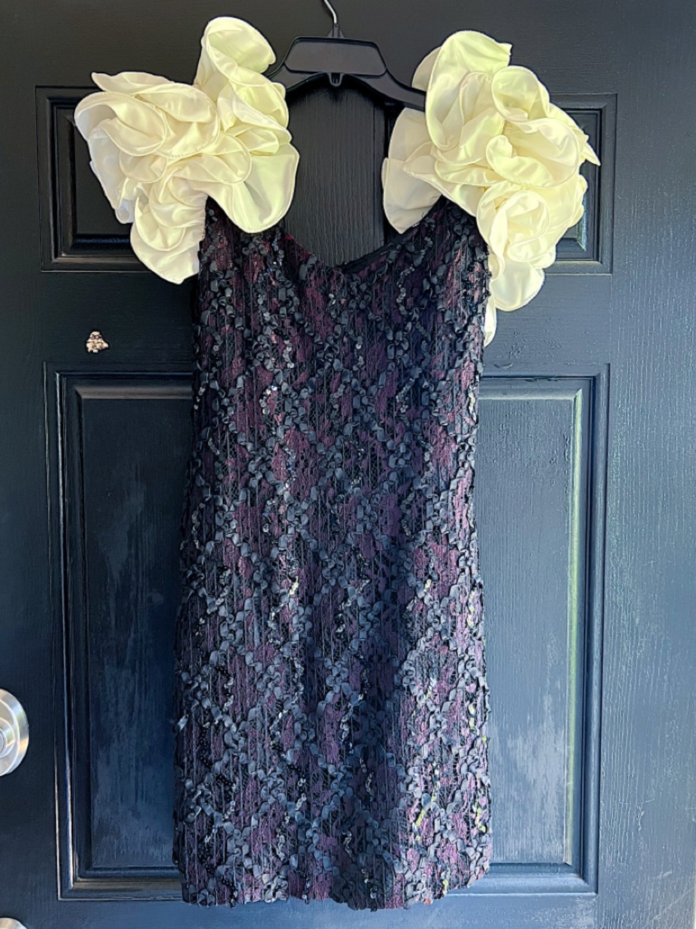 VTG 80s Susan Roselli VIJACK Dress‎ Black Lace Sequin Statement Ruffle USA
